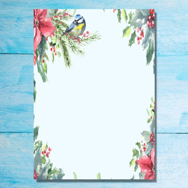 May include: A bluebird perched on a branch with red berries and green leaves. The background is a light blue watercolor wash.