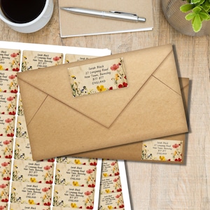 Oil of Flowers return address labels, 24 or 40 self adhesive labels per sheet, Pen pal rectangular happy mail envelope seal stickers