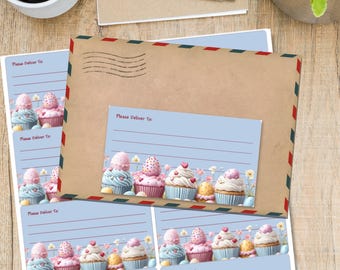 May include: A stationery set featuring a large brown envelope with red and blue trim, and several smaller blue cards. The cards have a cupcake design and the text "Please Deliver To:" printed on them.