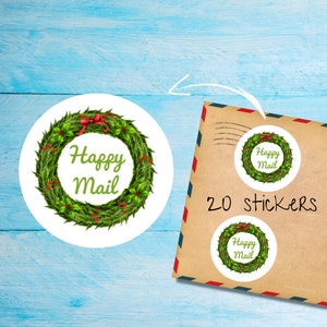 Paquete de pegatinas de corona de Feliz Navidad, lindas etiquetas de correo feliz redondas mate cortadas individualmente, suministros para amigos por correspondencia para decorar sobres