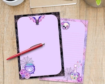Magical Halloween A5 letter writing paper, Cute pastel goth stationery single note sheets, Magic lined or unlined notepaper penpal supplies,