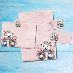 Floral Polar Bears matching pen pal snail mail letter kit, A5 writing paper, envelopes, address labels, PDT label, happy mail stickers