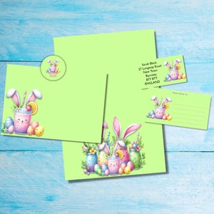 Kit di lettere per posta ordinaria/penpal coordinato Easter Bubble Tea, carta da lettere A5, buste, etichette per indirizzi, etichette PDT, adesivo rotondo per posta felice