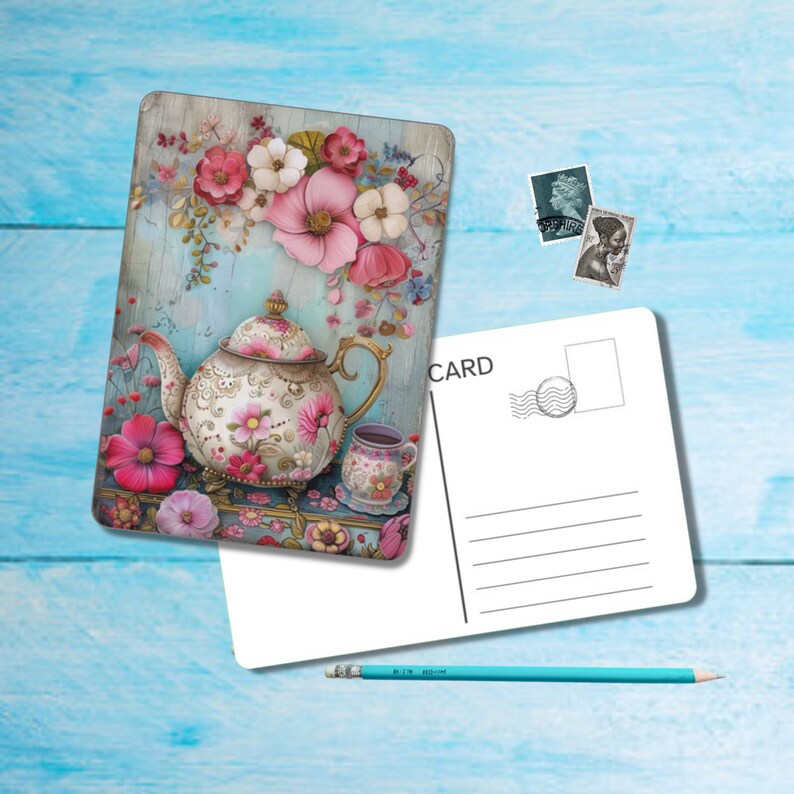 Floral Tea Postcard set of 5, A6 size postcard with rounded corners, beautiful illustrated postcrossing postcard 14.8 cm x 10.5 cm zdjęcie 2