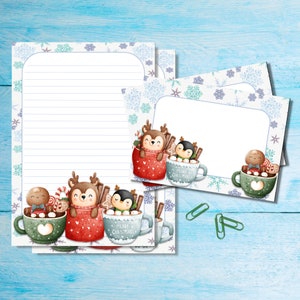 Conjunto de papelaria com canecas de Natal, papel para escrever cartas A5 com envelopes combinando, kit de suprimentos para amigos por correspondência, folhas pautadas/sem pauta