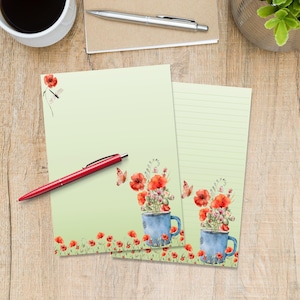 Cup Full of Poppies A5 letter writing paper, Pen pal supplies, Stationery lined or unlined note sheets, Cute notepaper with /without lines
