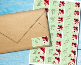 Poppy Tea-set self adhesive return address labels, 24 labels per sheet, 63.5 x 33.9 mm rectangular stickers with rounded corners