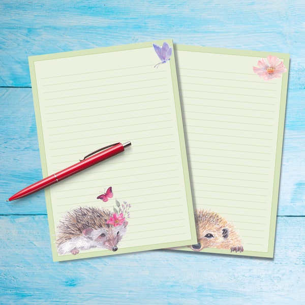 Floral Hedgehogs A5 letter writing paper, Pen pal supplies, Stationery lined or unlined letter sheets, Cute notepaper with or without lines