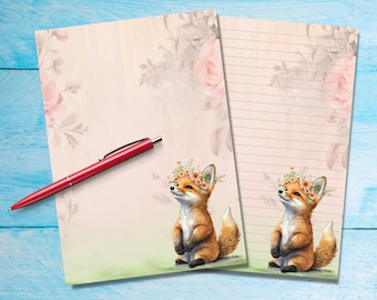 Spring Fox A5 letter writing paper, Pen pal supplies, Stationery lined or unlined sheets, Cute pastel notepaper with or without lines