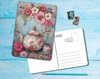 Floral Tea Postcard (no.1), A6 size postcard with rounded corners, beautiful illustrated postcrossing single postcard 14.8 cm x 10.5 cm