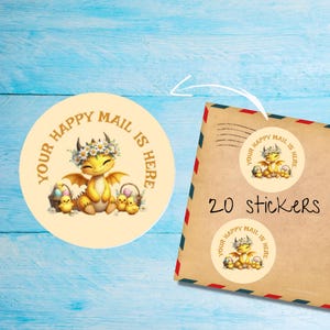 Paquete de pegatinas de dragón de Pascua amarillo, lindas etiquetas de correo feliz redondas mate cortadas individualmente, suministros para amigos por correspondencia para decorar sobres