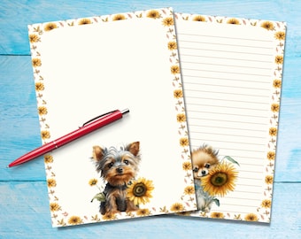 Sunflower Puppies A5 letter writing paper, Pen pal supplies, Stationery lined or unlined letter sheets, Cute notepaper with or without lines