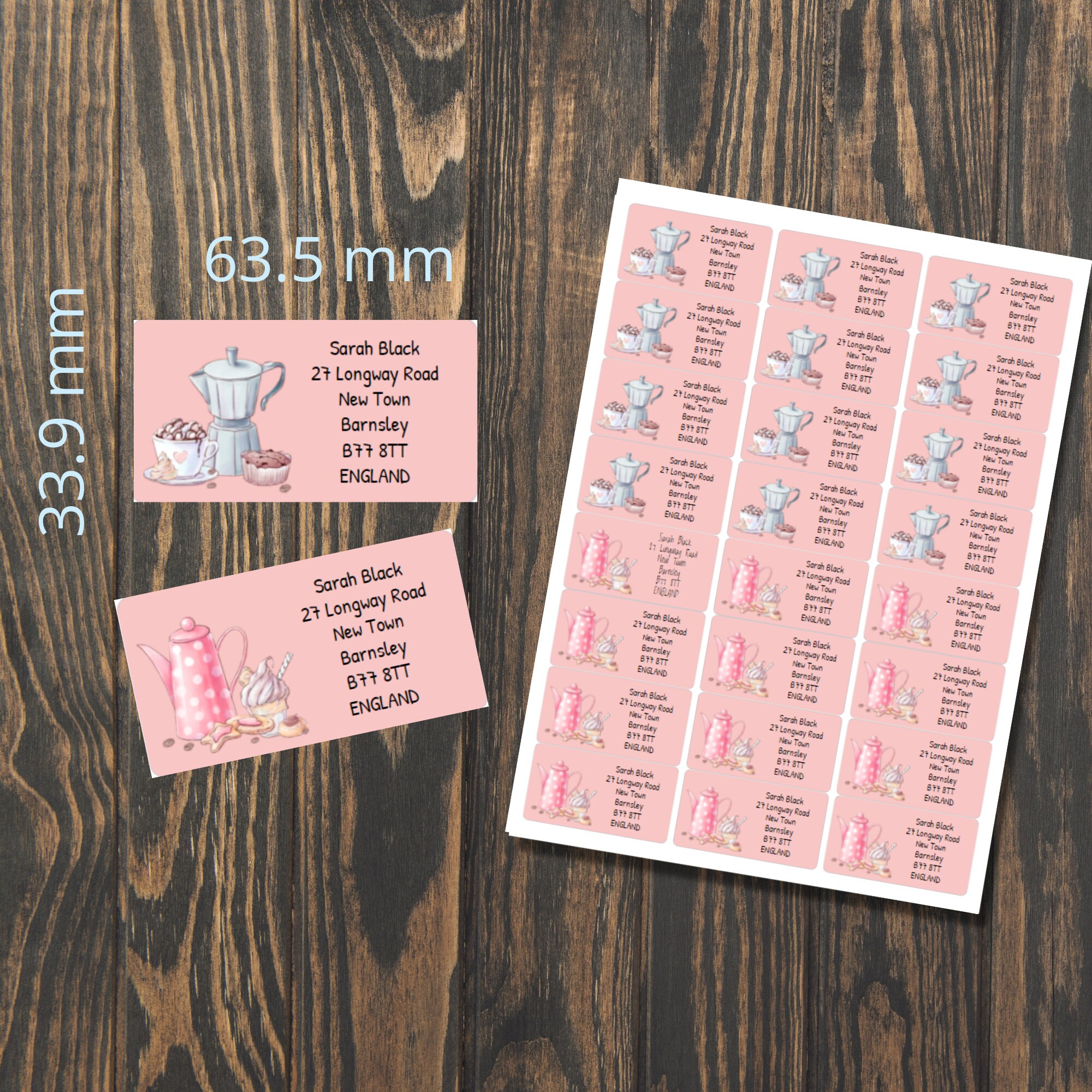 Coffee Break self adhesive return address labels, 24 labels per sheet, 63.5 x 33.9 mm rectangular stickers with rounded corners