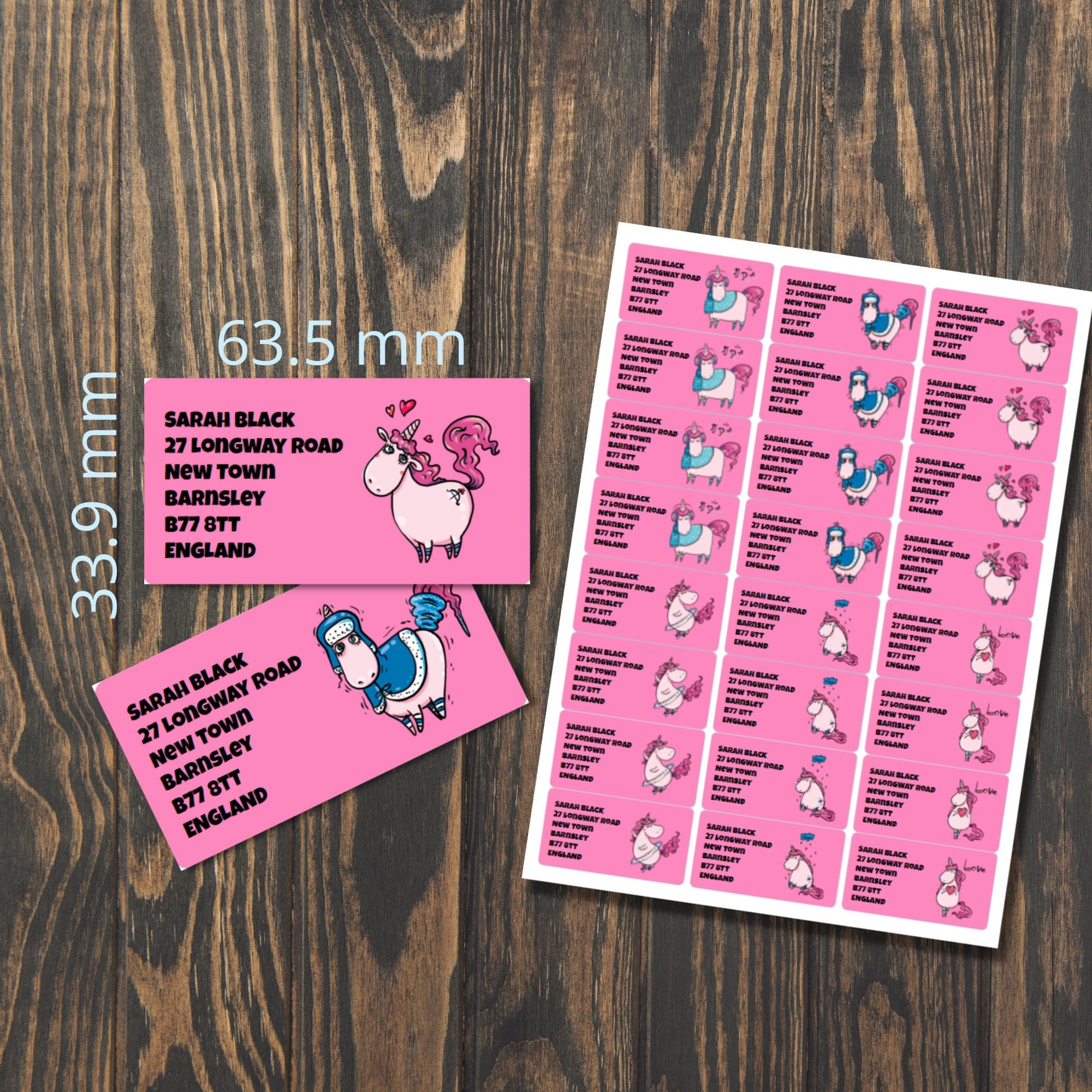 Rosie Unicorn self adhesive return address labels, 24 labels per sheet, 63.5 x 33.9 mm rectangular stickers with rounded corners