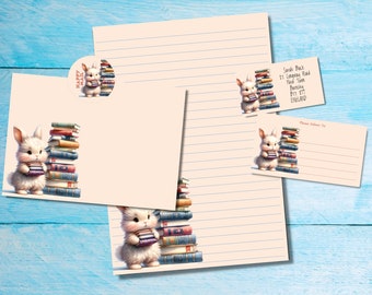 Book Bunny matching penpal snailmail letter kit, A5 writing paper, envelopes, address labels, PDT label, round happy mail stickers