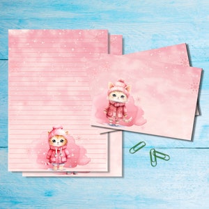 Juego de papelería para escribir cartas Pink Winter Kittens (tamaño A5), bonitos suministros para amigos por correspondencia, kit para correo postal, hojas rayadas o sin rayar con sobres a juego.
