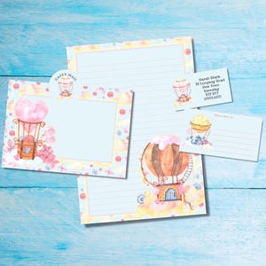 Kit de cartas a juego con globos aerostáticos, papel de escribir A5, sobres, etiquetas de dirección, etiquetas PDT y pegatinas redondas de correo feliz.
