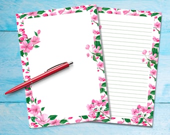 Cherry Blossom Flowers A5 papier à écrire, Fournitures pour correspondants, Papeterie doublée ou non doublée, Papier à notes mignon avec ou sans lignes