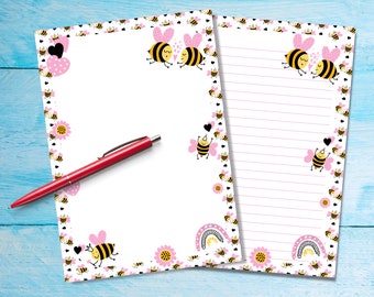 Love Bees A5 briefpapier, Penpal benodigdheden, Leuke briefpapier losse vellen, Briefpapier met of zonder lijnen, Happymail met insecten thema