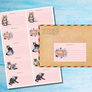 Autocollant Spring Cat, veuillez livrer à... étiquettes, 10 étiquettes par feuille, autocollants rectangulaires 99,1 x 57,0 mm avec coins arrondis