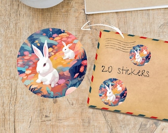 May include: Round stickers featuring a white rabbit with long ears and a smaller rabbit, set against a colorful floral background. The stickers are on a wooden surface, with an envelope that reads "20 stickers".