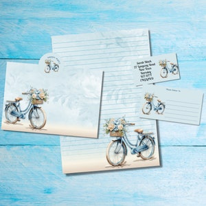 Kit di lettere per posta ordinaria/penpal abbinato alla bicicletta blu, carta da lettere A5, buste, etichette per indirizzi, etichette PDT, adesivi rotondi per posta felice