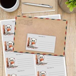 Può includere: Una busta di carta kraft marrone con bordi rossi, bianchi e blu e un'etichetta con l'indirizzo abbinata. L'etichetta e la busta presentano un'illustrazione ad acquerello di un soffice gatto bianco che tiene una piccola busta arancione. Il testo "Please Deliver To:" è stampato sulle etichette.