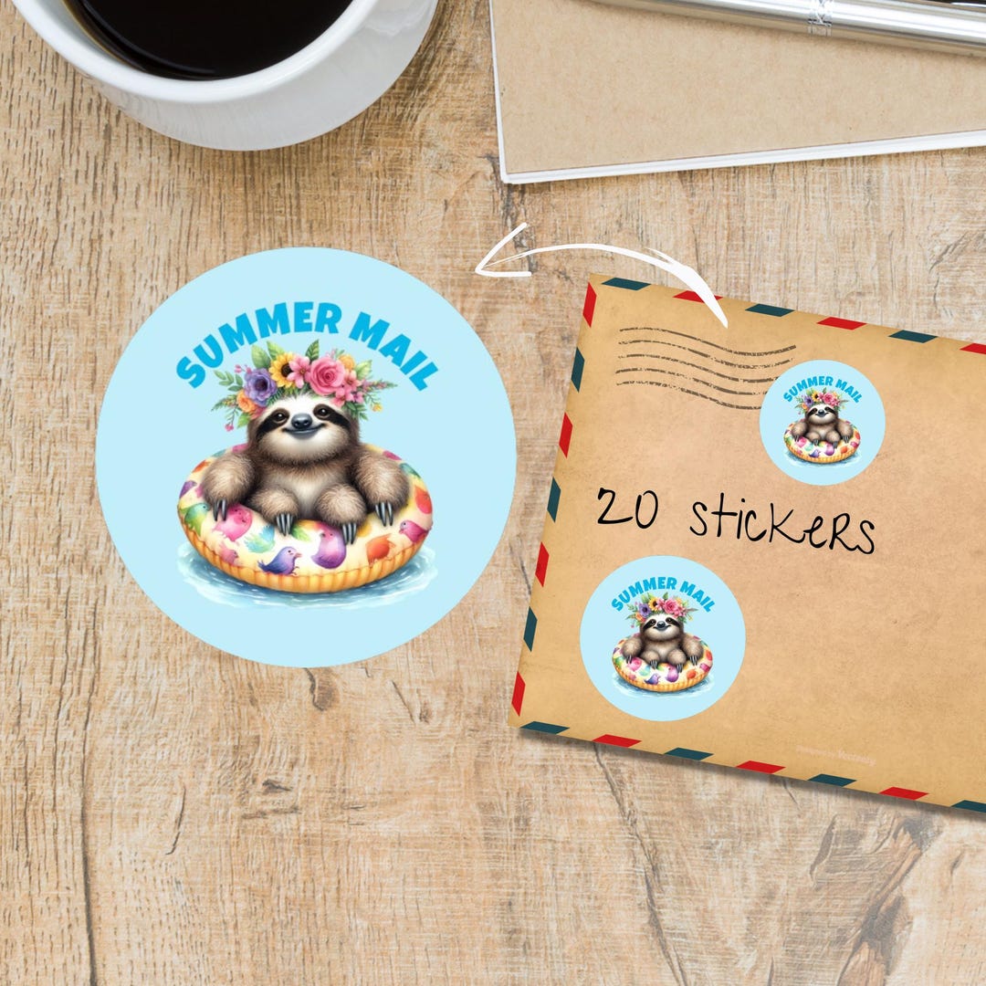 Beach Sloth Stickers Pack, Cute Individually Cut Round Matte Happy Mail ...