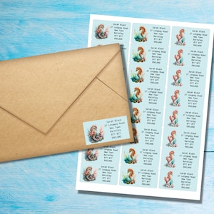 Etichette adesive per indirizzo del mittente Sea-Horses, 24 etichette per foglio, adesivi rettangolari da 63,5 x 33,9 mm con angoli arrotondati