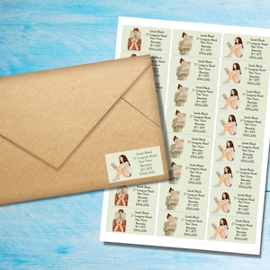 May include: A sheet of 20 personalized address labels featuring a cartoon illustration of a woman reading a book. The labels are printed on white paper with a light green background. The text on the labels reads "Sarah Black, 27 Longway Road, New Town, Barnsley, B77 STT, ENGLAND."