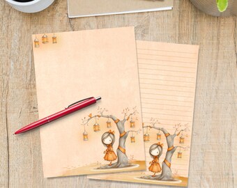 Lantern Tree writing paper, Cute A5 Pen pal supplies, Single stationery letter writing note sheets, Notepaper with or without lines