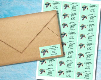 Sea Turtle self adhesive return address labels, 24 labels per sheet, 63.5 x 33.9 mm rectangular stickers with rounded corners