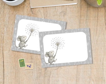 May include: Two rectangular cards with a gray border and a white center. Each card features a gray mouse holding a dandelion. The background has a repeating pattern of white dandelions. Two postage stamps are in the lower left corner.