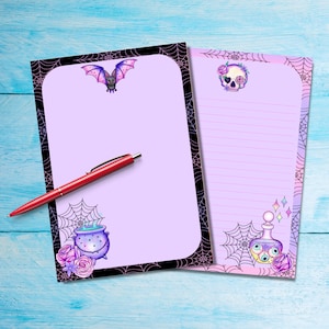 Papel mágico para escribir cartas tamaño A5 de Halloween, lindas hojas de notas individuales de papelería gótica pastel, papel mágico con o sin líneas para notas, suministros para amigos por correspondencia