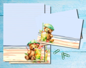 Teddy at the Beach A5 letter writing stationery set, penpal supplies, Snailmail kit, Lined /unlined sheets matching envelopes & stickers