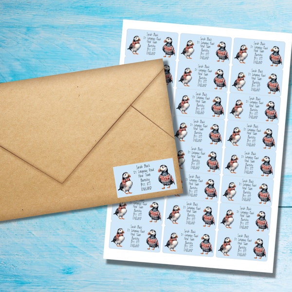 Winter Puffins self adhesive return address labels, 24 labels per sheet, 63.5 x 33.9 mm rectangular stickers with rounded corners