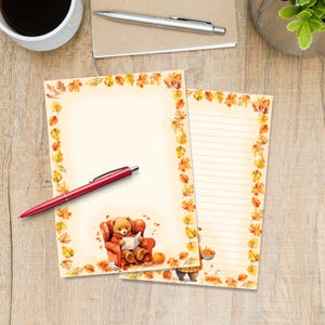 Bears in Autumn A5 letter writing paper, Pen pal supplies, Stationery lined or unlined note sheets, Cute notepaper with or without lines