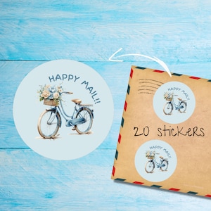 Autocollants bleus pour vélo, lot de 20 ronds mats coupés individuellement, jolies étiquettes décoratives Happy Mail pour courrier postal, autocollants postaux correspondant