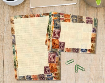 May include: Stationery set featuring lined paper and notecards with a vintage postage stamp border. The stamps showcase portraits and historical imagery in shades of orange, purple, and green. Includes two green paper clips.