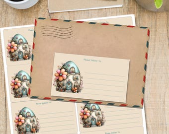 May include: A stationery set featuring a large brown envelope with red, white, and blue border stripes, a matching address label, and several smaller address labels. Each label and the envelope feature a whimsical illustration of a house with a flower-covered roof. The text "Please Deliver To:" is visible.