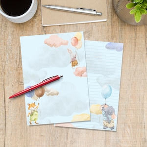 Animals with Balloons A5 letter writing paper, Pen pal supplies, Stationery lined or unlined sheets, Cute notepaper with or without lines