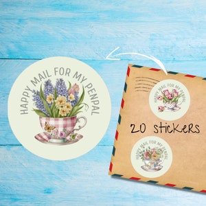 Pegatinas de tazas de té en flor, paquete de 20 pegatinas redondas mate cortadas individualmente, lindas etiquetas decorativas de correo feliz para correo postal, pegatinas para correo de amigos por correspondencia