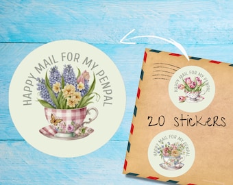 Theekopjes in bloei-stickers, pak van 20 individueel gesneden ronde, mat, leuke decoratieve etiketten voor postzegels voor post, penvriend poststickers