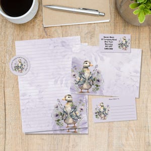 Duck in Jacket matching penpal letter kit, A5 writing paper, envelopes, address labels, PDT labels, and round happy mail stickers