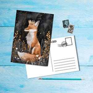 Postal Regal Animals Fox, postal bellamente ilustrada tamaño A6 para el cruce posterior, postal impresa de un solo arte para enmarcar