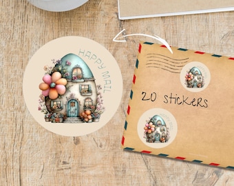 May include: Round sticker with a whimsical illustration of a house with a blue roof, flowers, and the words "HAPPY MAIL". An envelope with 20 stickers is also shown.