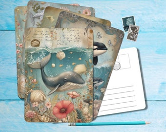 Juego de 5 postales de ballenas, postal tamaño A6 con esquinas redondeadas, hermosa postal individual ilustrada postcruzamiento 14,8 cm x 10,5 cm