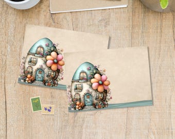 May include: Two blank stationery cards with a whimsical illustration of a fairy house with a blue roof and a large flower. The cards are decorated with floral accents and sit on a wooden surface. Two postage stamps are also visible.