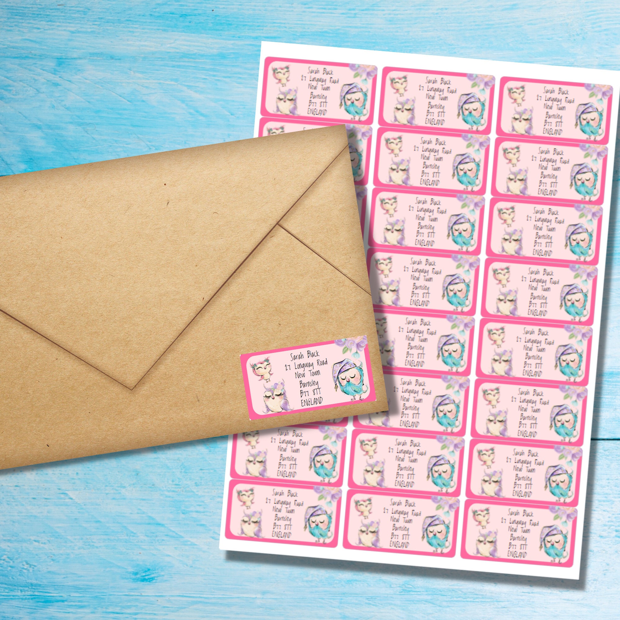 Sleepy Owls self adhesive return address labels, 24 labels per sheet, 63.5 x 33.9 mm rectangular stickers with rounded corners
