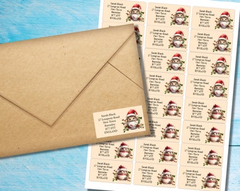 Teacup Christmas Hedgehogs self adhesive return address labels, 24 labels per sheet, 63.5 x 33.9 mm rectangular shaped stickers